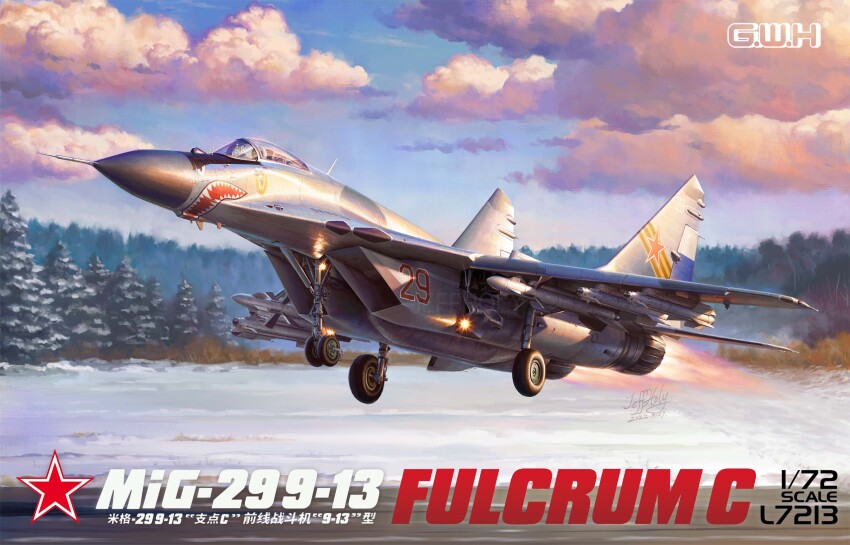 afterburner aircraft airplane box_art cloud cloudy_sky dated fighter_jet great_wall_hobby highres jeffholy landing_gear mig-29 military_vehicle r-73_vympel r-77_vympel signature sky snow takeoff tree winter