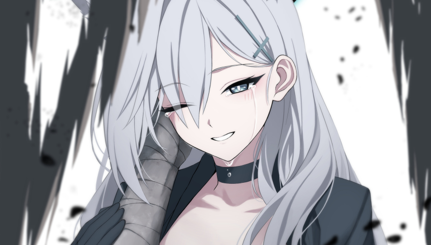 1boy 1girl animal_ear_fluff animal_ears bandaged_arm bandages black_choker black_dress black_gloves blue_archive blue_eyes choker cross_hair_ornament crying dress gloves grey_hair hair_between_eyes hair_ornament hand_on_another&#039;s_arm hand_on_another&#039;s_cheek hand_on_another&#039;s_face highres junu_(jwoo5627) long_hair one_eye_closed phrenapates_(blue_archive) shiroko_(blue_archive) shiroko_terror_(blue_archive) sidelocks smile wolf_ears wolf_girl