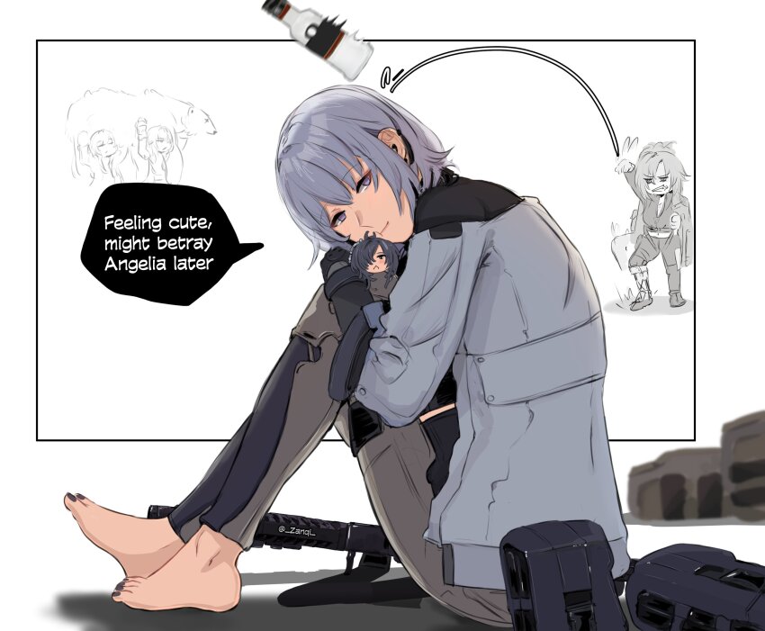 4girls absurdres ak-12_(girls&#039;_frontline) ak-15_(girls&#039;_frontline) angelia_(girls&#039;_frontline) animal barefoot bear black_nails bottle carrying_corpse character_doll closed_mouth commentary doll english_commentary english_text full_body girls&#039;_frontline grey_hair highres looking_at_viewer multiple_girls nail_polish pouch purple_eyes rpk-16_(girls&#039;_frontline) short_hair simple_background speech_bubble spoilers throwing toenail_polish toenails white_background zanqi