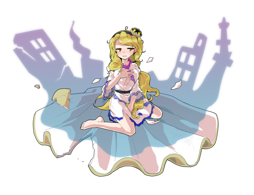 1girl alphes_(style) barefoot between_legs black_hairband blonde_hair blush breasts clam_shell_ornament collarbone commentary_request dairi defeat dress fossilized_wonders frilled_sleeves frills full_body hairband hand_between_legs hand_on_own_chest highres large_variant_set long_hair medium_breasts parody side_slit solo style_parody tachi-e torn_clothes touhou transparent_background variant_set very_long_hair watari_nina wavy_hair white_dress wide_sleeves