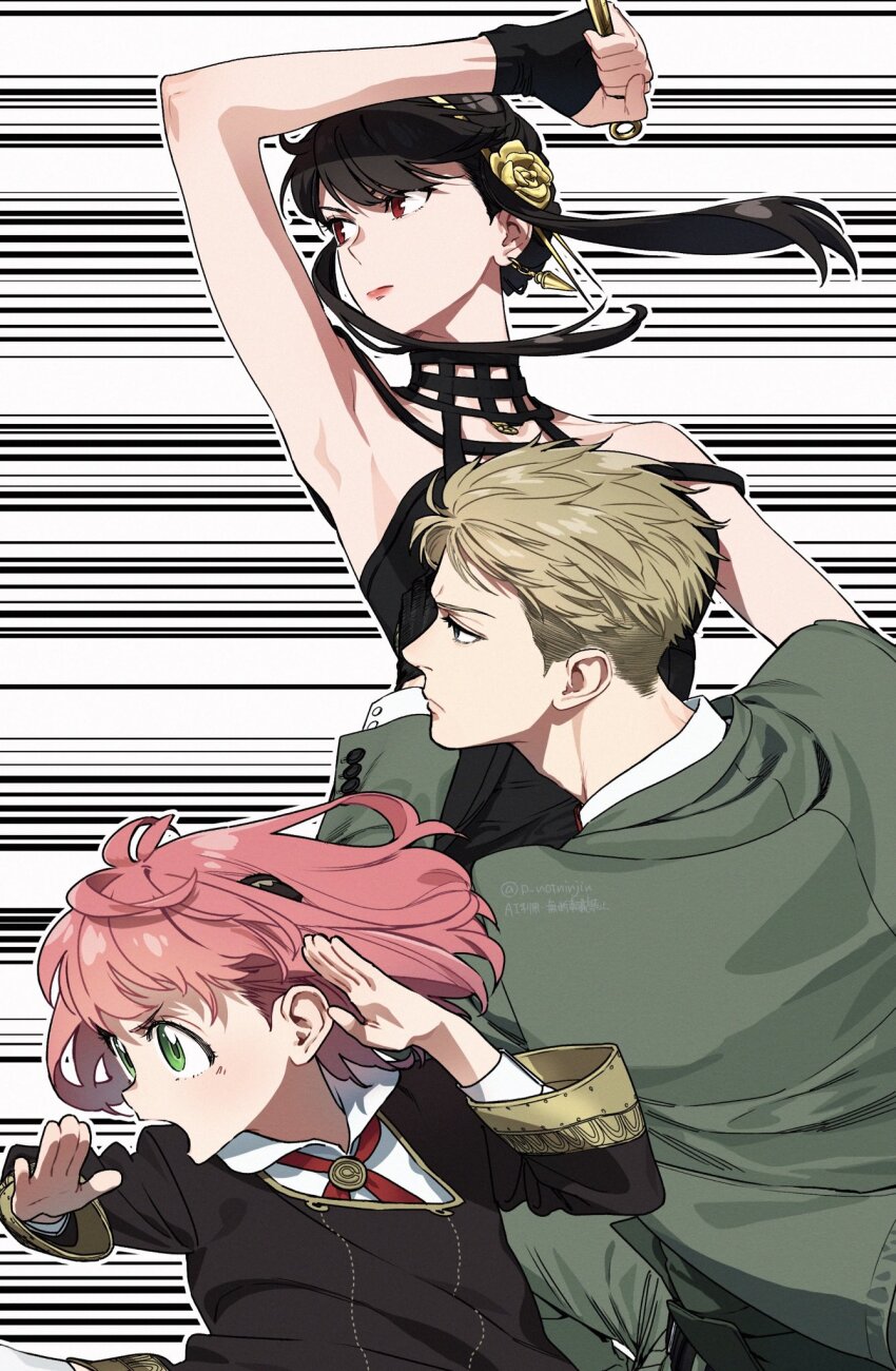1boy 2girls anya_(spy_x_family) armpits black_hair blonde_hair commentary_request earrings family father_and_daughter green_eyes hair_ornament highres husband_and_wife jewelry mother_and_daughter multiple_girls p_notninjin pink_hair red_eyes spy_x_family twilight_(spy_x_family) twitter_username yor_briar