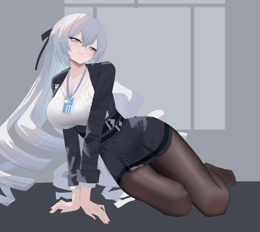 1girl absurdres black_pantyhose black_skirt black_vest breasts bronya_zaychik bronya_zaychik_(outstanding_attitude) bronya_zaychik_(silverwing:_n-ex) cleavage commentary_request drill_hair evil_king grey_hair grey_sweater highres honkai_(series) honkai_impact_3rd id_card indoors large_breasts long_hair no_shoes office_lady official_alternate_costume pantyhose pencil_skirt ribbed_sweater skirt solo sweater very_long_hair vest