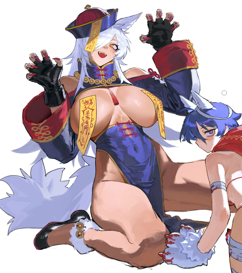 2girls absurdres all_fours animal_ears animal_hands bandaged_leg bandages bead_necklace beads bikini black_gloves black_shoes blood_on_gloves blue_dress blue_hair blue_hat breast_cutout breasts character_request china_dress chinese_clothes claw_pose closed_mouth clothing_cutout copyright_request covered_navel dress fingerless_gloves fingernails fox_girl fox_tail gloves hair_over_one_eye hat highres jewelry jiangshi large_breasts long_fingernails long_hair looking_at_viewer looking_back multiple_girls necklace ofuda ofuda_on_head ofuda_on_nipples open_mouth pasties paw_gloves pelvic_curtain qingdai_guanmao red_bikini red_nails rhine_(overtonerhine) sharp_teeth shoes shoulder_cutout sidelocks simple_background slit_pupils small_breasts smile swept_bangs swimsuit tail teeth white_background white_hair yellow_eyes