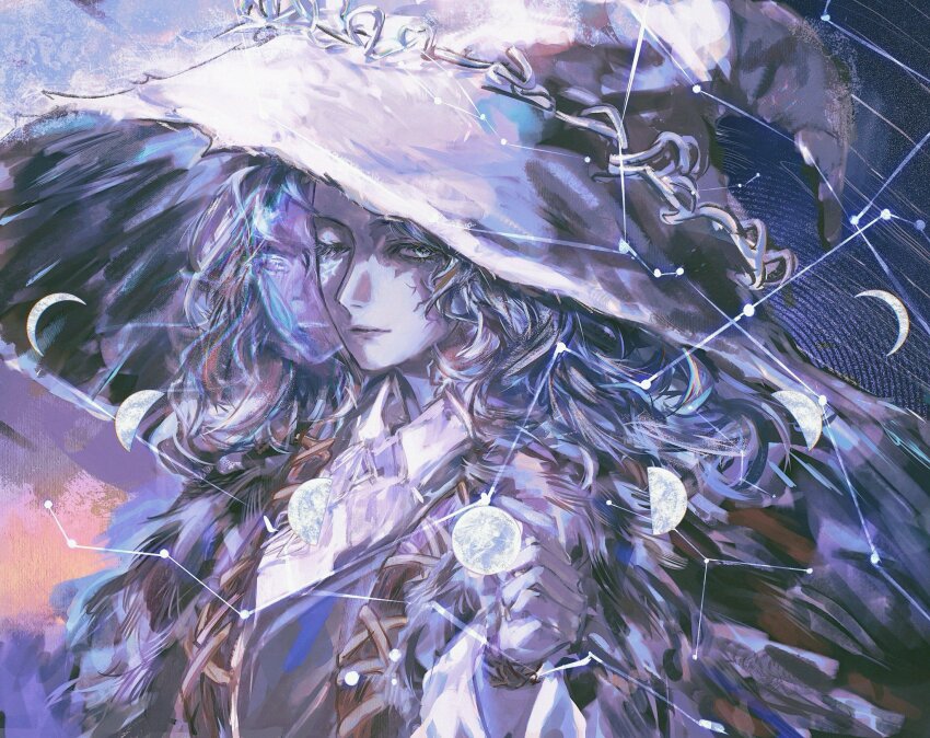 1girl blue_hair constellation elden_ring extra_faces from_side hat highres holding_orb kiousagi long_hair looking_at_viewer moon_phases one_eye_closed orb ranni_the_witch solo upper_body wavy_hair white_hat witch_hat