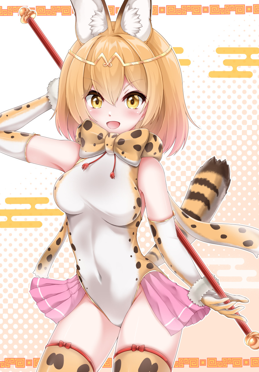 1girl absurdres animal_ear_fluff animal_ears animal_print blonde_hair blush breasts cat_ears cat_girl cat_tail circlet commentary_request cosplay cowboy_shot egasumi elbow_gloves gloves golden_snub-nosed_monkey_(kemono_friends) golden_snub-nosed_monkey_(kemono_friends)_(cosplay) highres holding holding_staff kemono_friends kemono_friends_3 leopard_print leotard looking_at_viewer meandros medium_breasts medium_hair muki_(munikichan) open_mouth pink_skirt serval_(kemono_friends) skirt smile solo staff tail thighhighs white_gloves white_leotard yellow_eyes yellow_thighhighs