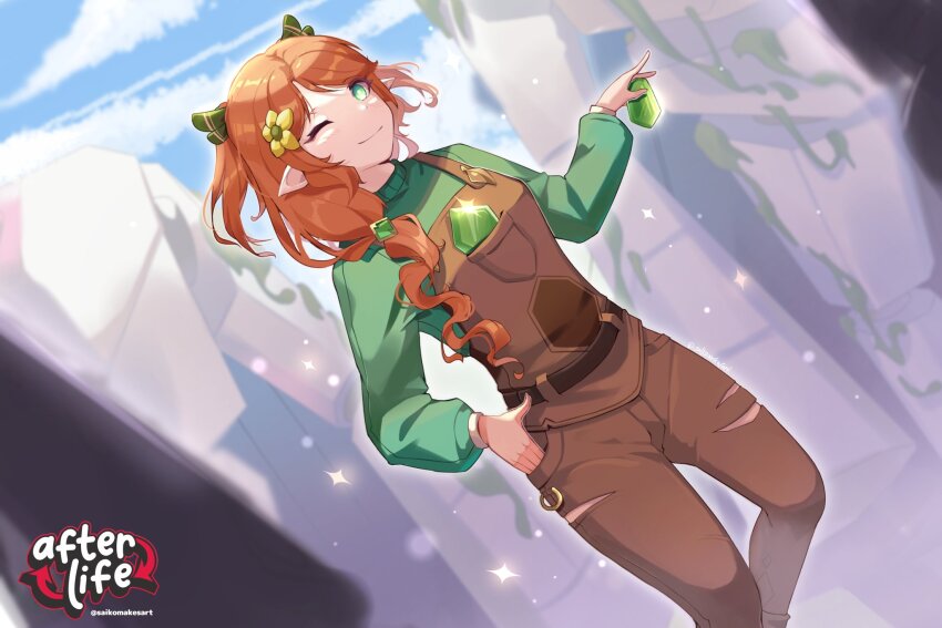 1girl afterlife_smp animification brown_overalls commentary copyright_name dutch_angle english_commentary flower gem geminitay green_eyes green_gemstone green_sweater hair_flower hair_ornament highres holding iron_golem_(minecraft) logo long_hair long_sleeves looking_at_viewer minecraft minecraft_youtube one_eye_closed orange_hair outdoors overalls pointy_ears saikomakesart smile solo standing sweater