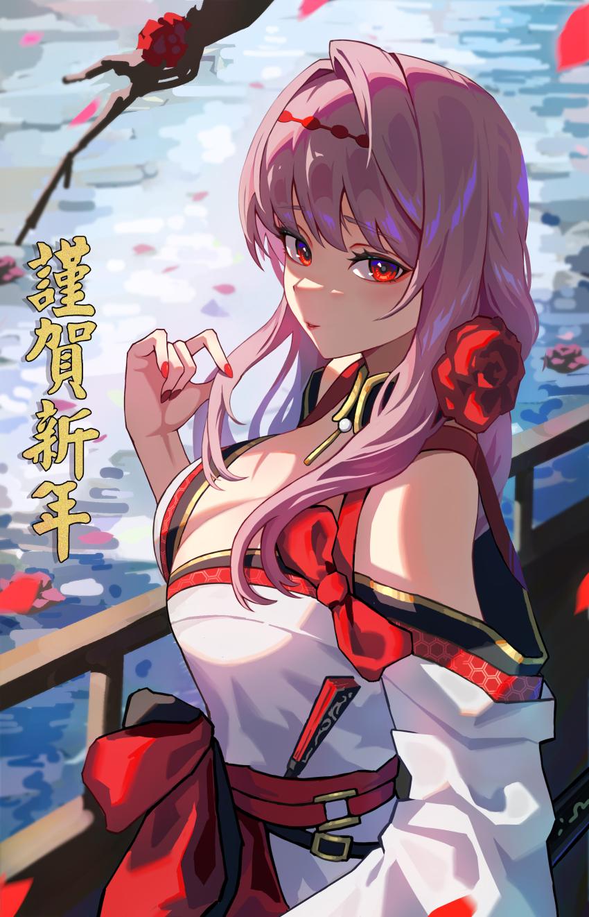 1girl absurdres breasts flower goddess_of_victory:_nikke hairband highres japanese_clothes kimono lalaking official_alternate_costume playing_with_hair red_flower red_hairband red_nails red_rose rose scarlet_(black_shadow)_(longing_flower)_(nikke) scarlet_(black_shadow)_(nikke) scarlet_(nikke) scenery solo translation_request two-tone_kimono white_kimono
