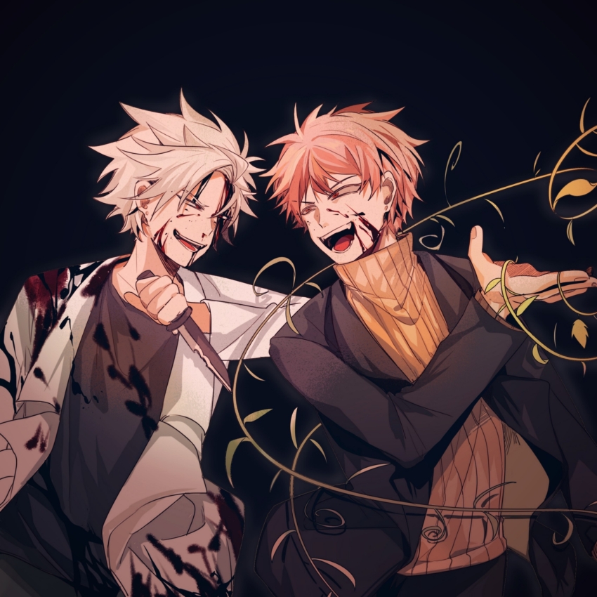 2boys atou_haruki black_background black_jacket black_shirt blood_from_forehead blood blood_on_clothes blood_on_face chinese_commentary commentary_request highres holding holding_knife jacket kanou_aogu knife lapels lemijiang long_sleeves male_focus multiple_boys open_clothes open_jacket open_mouth orange_hair plant red_eyes ribbed_sweater saibou_shinkyoku shirt short_hair simple_background smile spoilers sweater turtleneck turtleneck_sweater vines white_hair white_jacket yellow_sweater