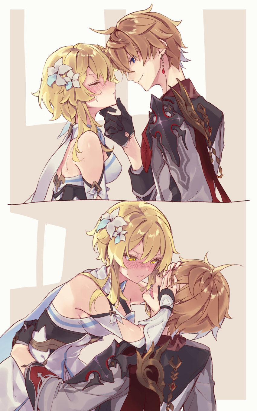 1boy 1girl black_gloves black_scarf blonde_hair blush breasts closed_eyes closed_mouth detached_sleeves dress earrings flower gameyaruzaurus genshin_impact gloves hair_between_eyes hair_flower hair_ornament hand_on_another&#039;s_chin hetero highres imminent_kiss jacket jewelry lumine_(genshin_impact) medium_breasts nose_blush open_mouth orange_hair partially_fingerless_gloves scarf short_hair_with_long_locks single_earring smile sweat tartaglia_(genshin_impact) white_dress white_flower yellow_eyes