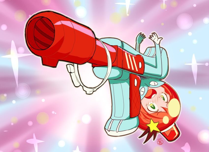 10s 1girl belt bodysuit female_focus hair_ornament helmet highres judgement_gun_morphing luluco side_ponytail signature solo sparkle star_(symbol) star_hair_ornament uchuu_patrol_luluco