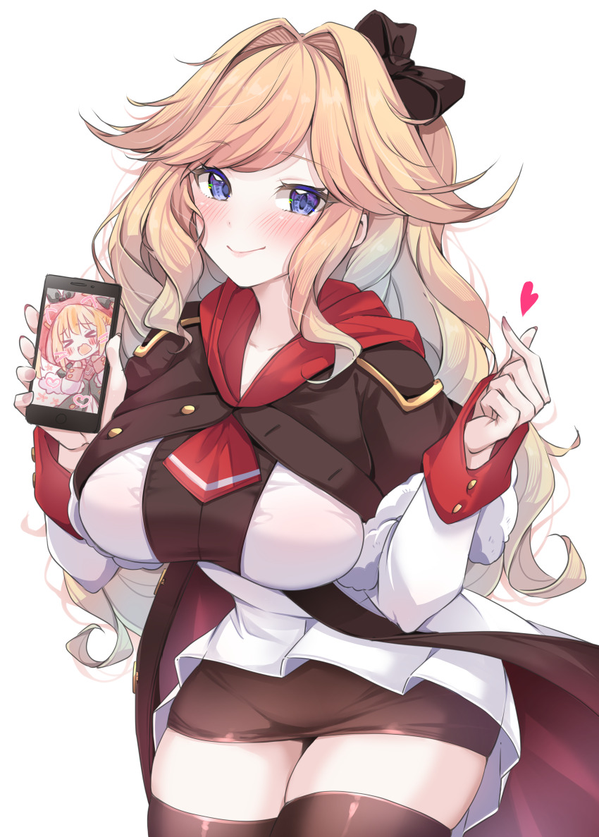 &gt;_&lt; 1girl :d absurdres azur_lane black_bow black_capelet black_ribbon black_skirt black_thighhighs blue_eyes blush bow breasts brown_hair capelet cellphone closed_eyes closed_mouth coat commentary_request commission cowboy_shot dorsetshire_(azur_lane) dress finger_heart fur-trimmed_capelet fur_trim hair_between_eyes hair_bow hair_intakes hair_ribbon highres holding holding_phone hood hood_up hooded_capelet large_breasts long_hair long_sleeves looking_at_viewer mikuchi3939 miniskirt neckerchief norfolk_(azur_lane) open_mouth pencil_skirt phone pixiv_commission red_hood red_neckerchief revision ribbon sidelocks skindentation skirt smartphone smile solo standing swept_bangs thighhighs white_coat white_dress xd zettai_ryouiki