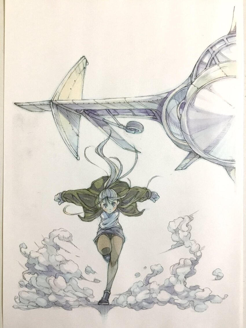 1girl aircraft airplane black_eyes black_shoes black_skirt blonde_hair bomber_jacket clenched_hands closed_mouth commentary dust floating_hair green_jacket highres jacket landing_gear leg_up looking_at_viewer open_clothes open_jacket original outstretched_arms pantyhose pencil_skirt peter_salt ponytail shirt shoes skirt solo spread_arms standing standing_on_one_leg takeoff traditional_media white_shirt