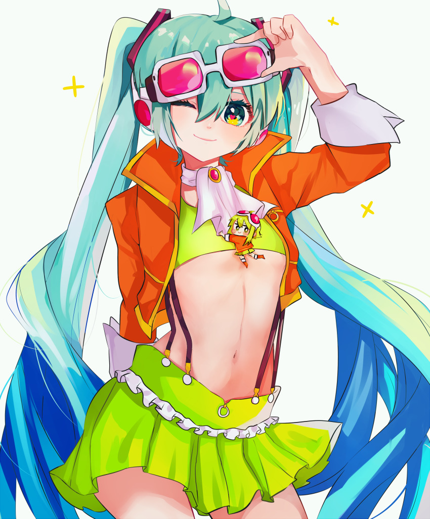 2girls absurdres amulet aqua_eyes aqua_hair arched_back arm_behind_back boots commentary contrapposto cosplay cowboy_shot frilled_skirt frills goggles goggles_on_head gomiyama green_eyes green_hair green_skirt green_tube_top gumi gumi_(cosplay) hair_ornament hand_on_goggles hand_up hatsune_miku headphones highres jacket long_hair looking_at_viewer midriff mini_person minigirl multiple_girls narrow_waist navel neckerchief one_eye_closed orange_jacket red_goggles skirt smile sparkle strapless suspender_skirt suspenders symbol-only_commentary tube_top twintails very_long_hair vocaloid white_neckerchief