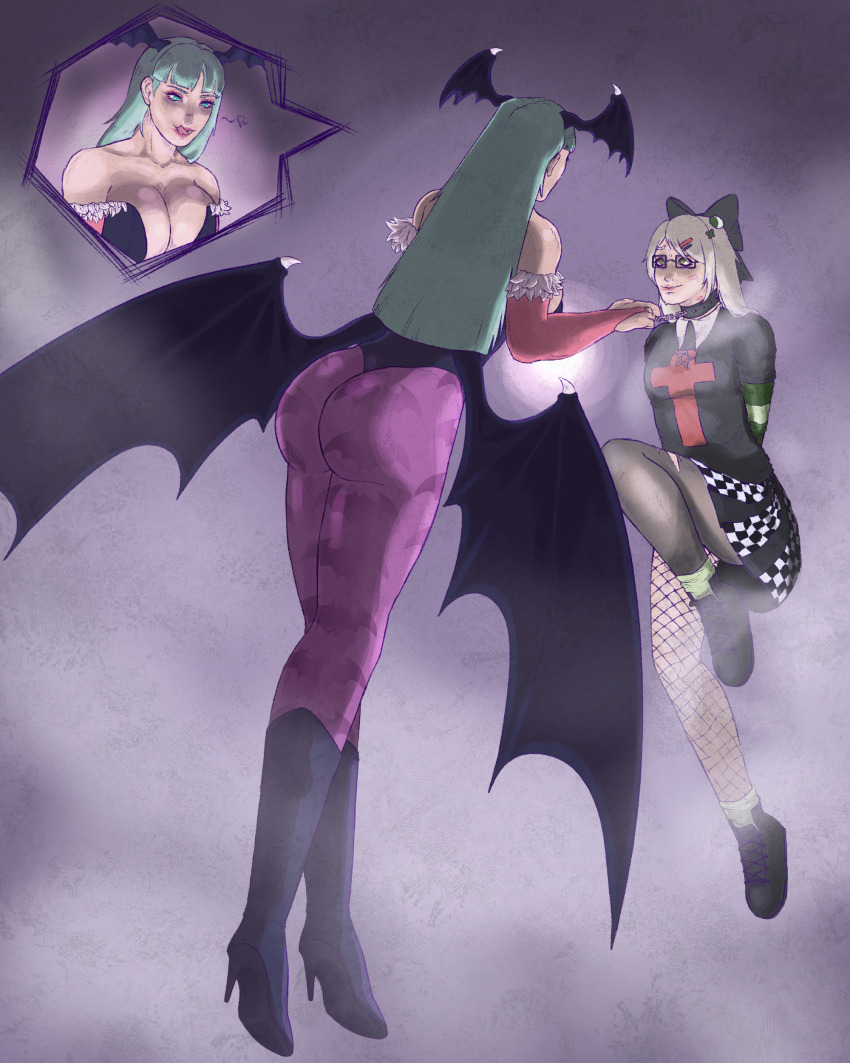 2girls absurdres amysel_jinkusu-p_(vtuber) black_choker bow choker collar commission consent darkstalkers demon_girl green_eyes green_sleeves hair_bow heart highres imminent_penetration indie_virtual_youtuber licking_lips lipstick_mark lipstick_mark_on_face morrigan_aensland multiple_girls nekoba non-web_source pantyhose source_request tongue tongue_out