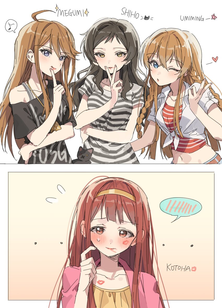 4girls absurdres ahoge black_shirt blue_eyes blush braid brown_eyes brown_hair character_name flying_sweatdrops hairband hand_up hano9789 highres idolmaster idolmaster_million_live! index_finger_raised kitazawa_shiho kousaka_umi lipstick lipstick_mark lipstick_mark_on_face long_hair makeup multiple_girls musical_note one_eye_closed red_eyes red_hair shirt short_sleeves sparkle speech_bubble spoken_musical_note striped_clothes striped_shirt tanaka_kotoha tokoro_megumi twin_braids v yellow_hairband yuri
