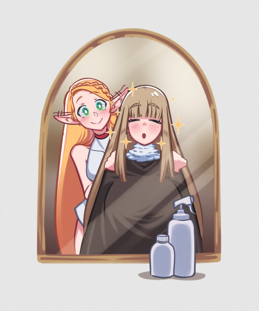 2girls alternate_hair_length alternate_hairstyle barber_cape blonde_hair blunt_bangs braid breasts brown_hair closed_eyes commentary crown_braid dungeon_meshi ear_wiggle falin_touden falin_touden_(tallman) feathers green_eyes halterneck hands_on_shoulders highres huge_breasts loen long_hair marcille_donato medium_breasts mirror multiple_girls open_mouth pointy_ears raised_eyebrows shampoo_bottle smile sparkle very_long_hair