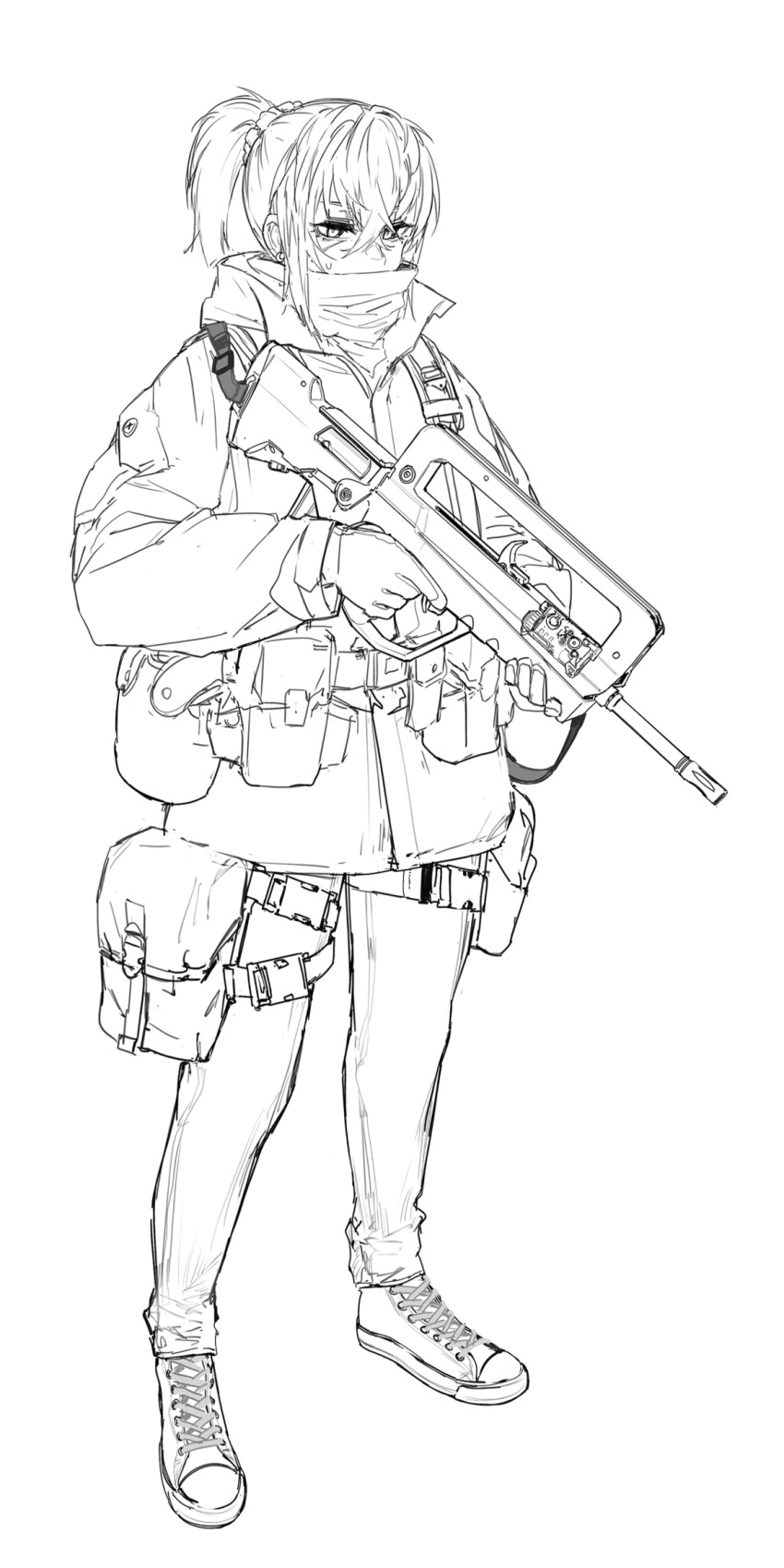 1girl alma01 ammunition_belt ammunition_pouch assault_rifle bullpup canteen famas gloves greyscale gun highres hood hoodie jacket medium_hair monochrome original ponytail pouch rifle shoes simple_background sneakers solo thigh_pouch trigger_discipline weapon white_background