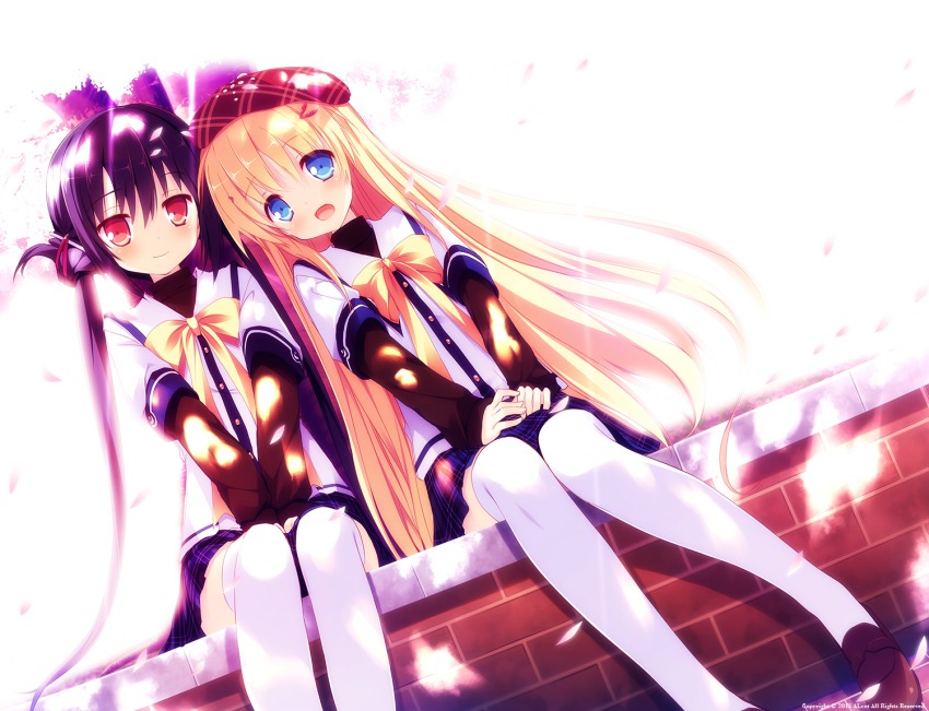 2girls :d bad_id bad_yandere_id black_hair blonde_hair blue_eyes brick_wall cherry_blossoms clover_(series) clover_days dutch_angle hair_ornament hat long_hair multiple_girls nimura_yuuji open_mouth red_eyes ribbon saiga_(company) school_uniform sitting smile takakura_anri takakura_anzu thighhighs twintails white_legwear