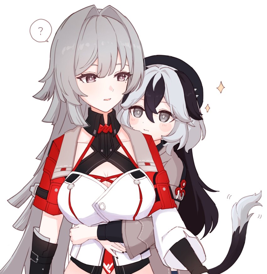 2girls ? absurdres black_hair black_nails blush bright_pupils commentary_request coralie_6626_planck coralie_6626_planck coralie_6626_planck_(valkyrie_blastmetal) erdos_helia erdos_helia_(valkyrie_boltstorm) grey_eyes grey_hair hair_between_eyes erdos_helia highres honkai_(series) honkai_impact_3rd hug hug_from_behind jacket long_sleeves multicolored_hair multiple_girls red_jacket sazisazi50 shirt simple_background spoken_question_mark tail two-tone_hair white_background white_hair white_pupils white_shirt