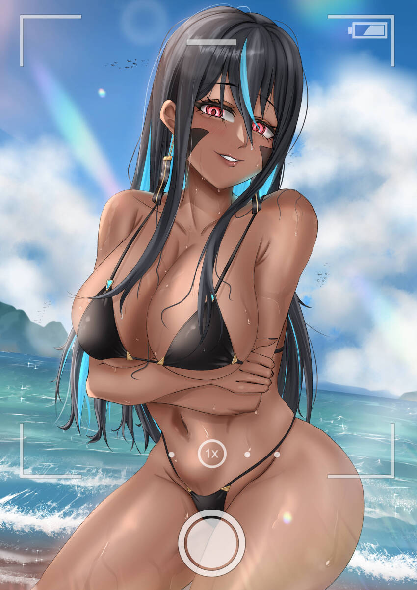 1girl absurdres arms_under_breasts bikini black_bikini black_hair blue_hair blush breasts colored_inner_hair dark-skinned_female dark_skin goddess_of_victory:_nikke hair_between_eyes highres indivilia_(nikke) kkoyomii large_breasts long_hair looking_at_viewer multicolored_hair red_eyes smile solo swimsuit thighs viewfinder
