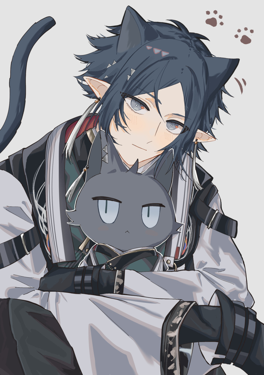 1boy absurdres animal_ears arknights aryo_77c black_gloves blue_eyes blue_hair cat_boy cat_ears cat_tail character_doll chinese_commentary choshanland_plushy_(arknights) coat commentary_request crossed_arms doll gloves green_shirt grey_background highres holding holding_doll looking_at_viewer male_focus pawpads pointy_ears shirt simple_background solo tail upper_body white_coat zuo_le_(arknights) zuo_le_(youthful_journey)_(arknights)