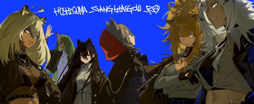 6+girls absurdres ahoge animal_ears arknights black_coat black_hair black_jacket blonde_hair blue_background blue_eyes brown_eyes cat_ears cat_girl closed_mouth coat collared_coat crop_top crossed_arms dagda_(arknights) ear_piercing fangs green_hair grey_hair grey_shirt grin high_ponytail highres hood hood_up horns hoshiguma_(arknights) indra_(arknights) jacket jewelry kou_zhua lion_ears lion_girl long_hair long_sleeves looking_at_viewer morgan_(arknights) multicolored_hair multiple_girls necklace piercing ponytail projekt_red_(arknights) shirt siege_(arknights) simple_background single_horn skin-covered_horns smile streaked_hair tiger_ears tiger_girl upper_body wolf_ears wolf_girl yellow_eyes