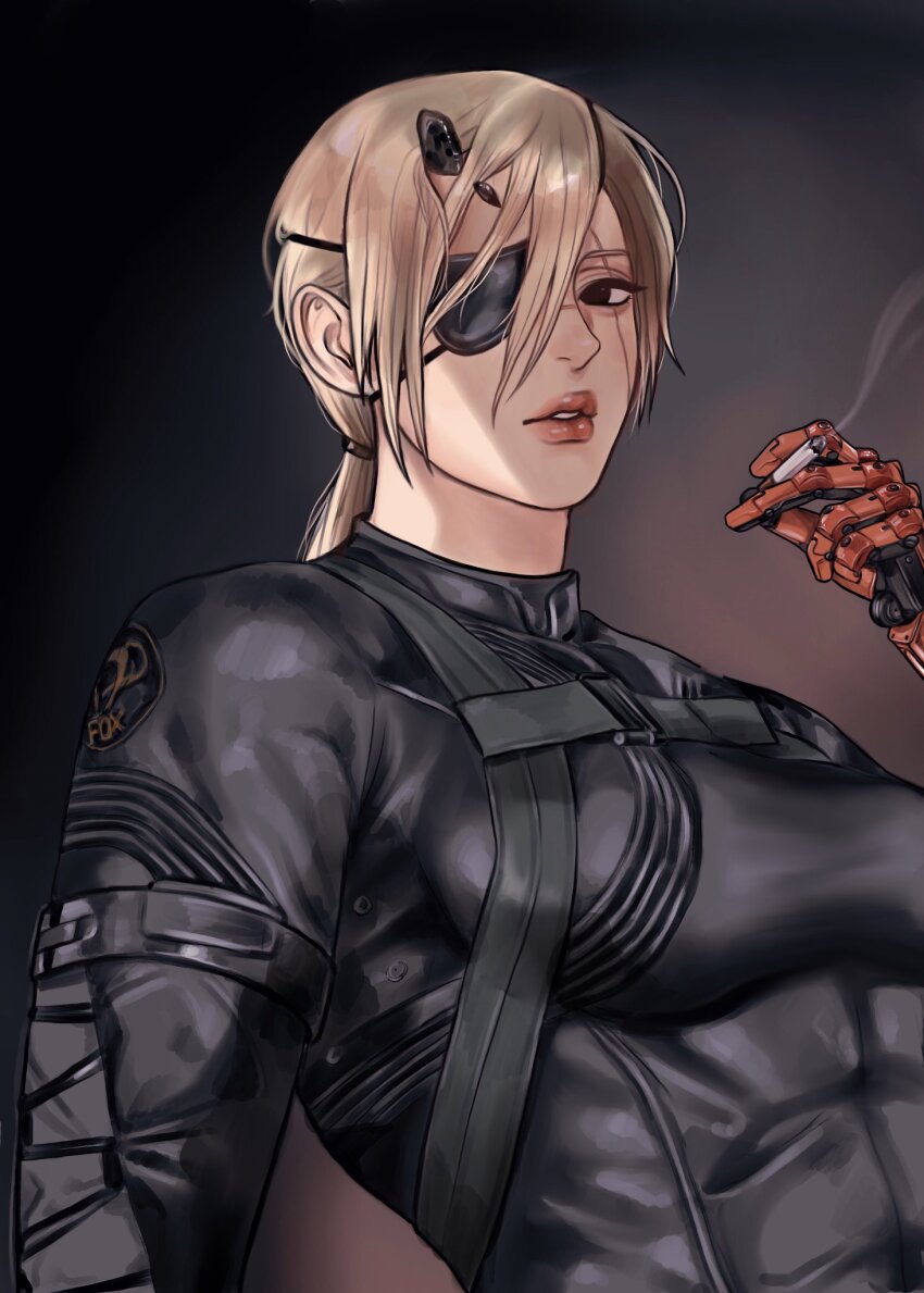 1girl abs blonde_hair chainsaw_man cigarette cosplay eyepatch highres horns imeko_san looking_at_viewer mechanical_arms metal_gear_(series) metal_gear_solid_v:_the_phantom_pain patch ponytail quanxi_(chainsaw_man) scar single_horn single_mechanical_arm skin_tight sneaking_suit strap tagme tight_clothes venom_snake video_game