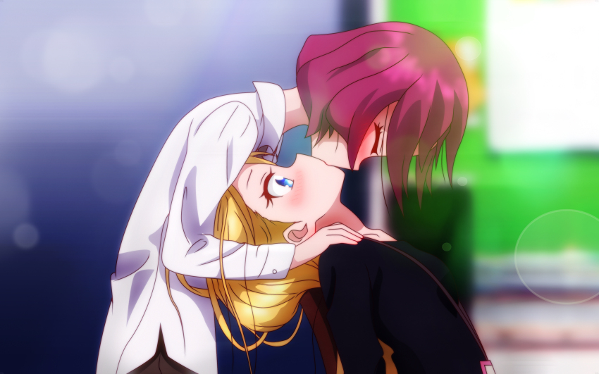 2girls absurdres black_shirt blonde_hair blue_eyes blurry blurry_background closed_eyes commentary english_commentary from_side highres kiss long_hair long_sleeves multiple_girls new_game! purple_hair self-upload shirt short_hair tooyama_rin upper_body upside-down_kiss urzuse7en white_shirt yagami_kou yuri