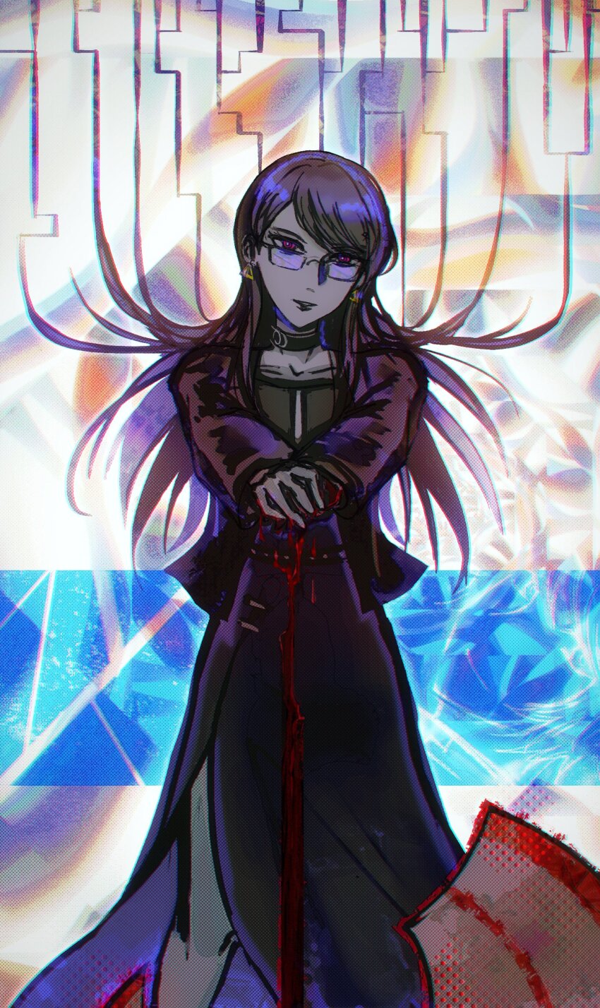 1girl absurdres axe black_dress black_jacket collar collarbone dress ear_piercing earrings female_focus glasses highres holding holding_axe holding_weapon jacket jewelry long_hair long_sleeves looking_at_viewer piercing purple_hair red_eyes shizuhara_hiruko simple_background solo solo_focus standing the_hundred_line_-last_defense_academy- weapon
