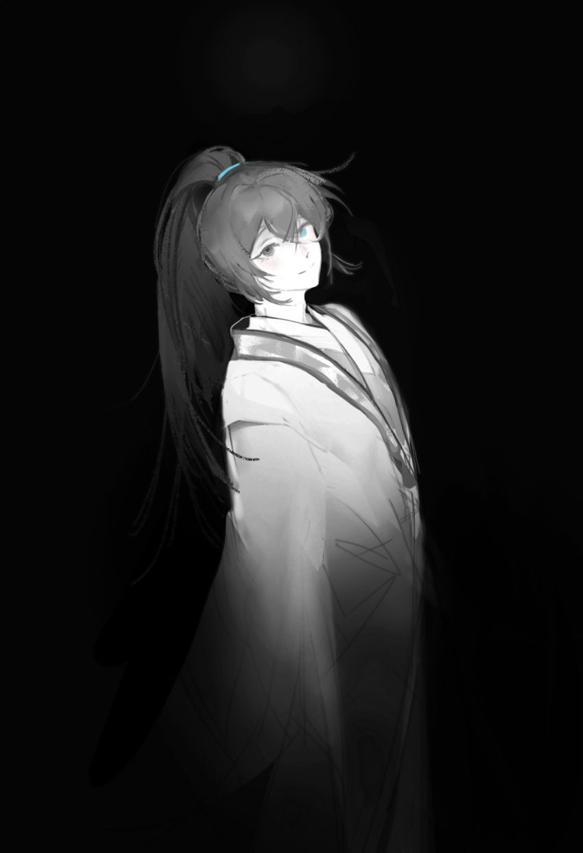 1boy black_jacket blue_eyes blush chinese_clothes chinese_commentary closed_mouth commentary_request greyscale hair_between_eyes hanfu heibaihuabing heterochromia highres hong_lu_(project_moon) jacket limbus_company long_hair long_sleeves male_focus monochrome ponytail project_moon smile solo spot_color