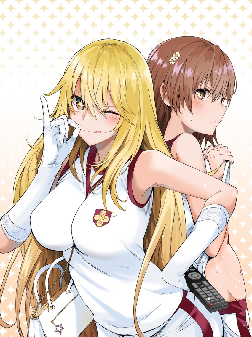2girls bag bare_arms bare_shoulders blonde_hair breasts bright_pupils brown_eyes brown_hair chicke_iii clothes_lift content_rating controller elbow_gloves emblem gloves gym_shirt gym_shorts gym_uniform highres holding holding_remote_control large_breasts long_hair medium_hair misaka_mikoto multiple_girls one_eye_closed remote_control school_emblem shirt shirt_lift shokuhou_misaki shorts shoulder_bag side-seamed_gloves sleeveless sleeveless_shirt sparkling_eyes star-shaped_pupils star_(symbol) sweatdrop symbol-shaped_pupils textless_version toaru_kagaku_no_railgun toaru_kagaku_no_railgun_t toaru_majutsu_no_index tokiwadai_school_gym_uniform very_long_hair white_gloves white_pupils white_shirt white_shorts