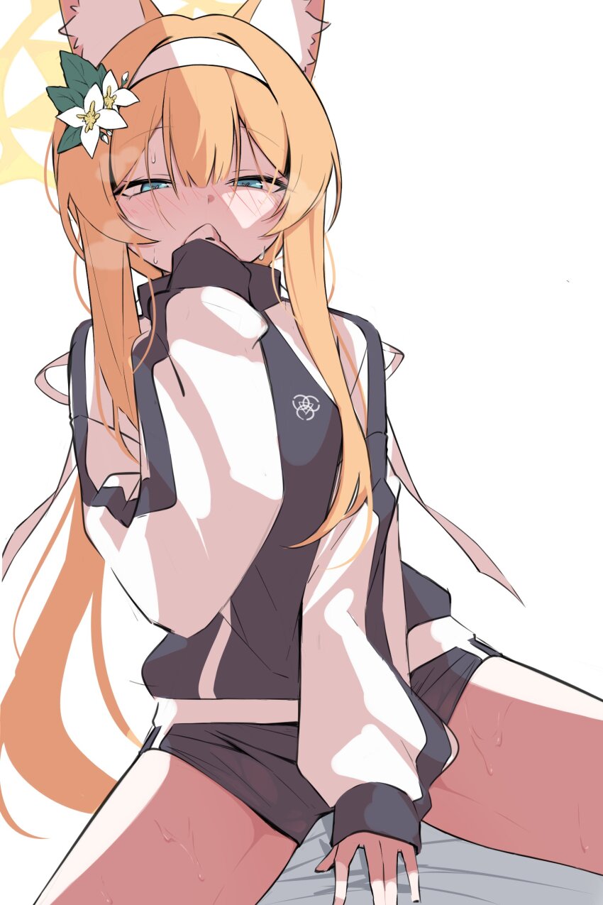 1girl absurdres animal_ear_fluff animal_ears black_shorts blue_archive blue_eyes blush flower gym_shorts gym_uniform hair_flower hair_ornament hairband halo highres jacket long_hair long_sleeves looking_at_viewer mari_(blue_archive) mari_(track)_(blue_archive) mmhomm multicolored_jacket official_alternate_costume orange_hair shorts simple_background sweat track_jacket two-tone_jacket white_background white_hairband yellow_halo