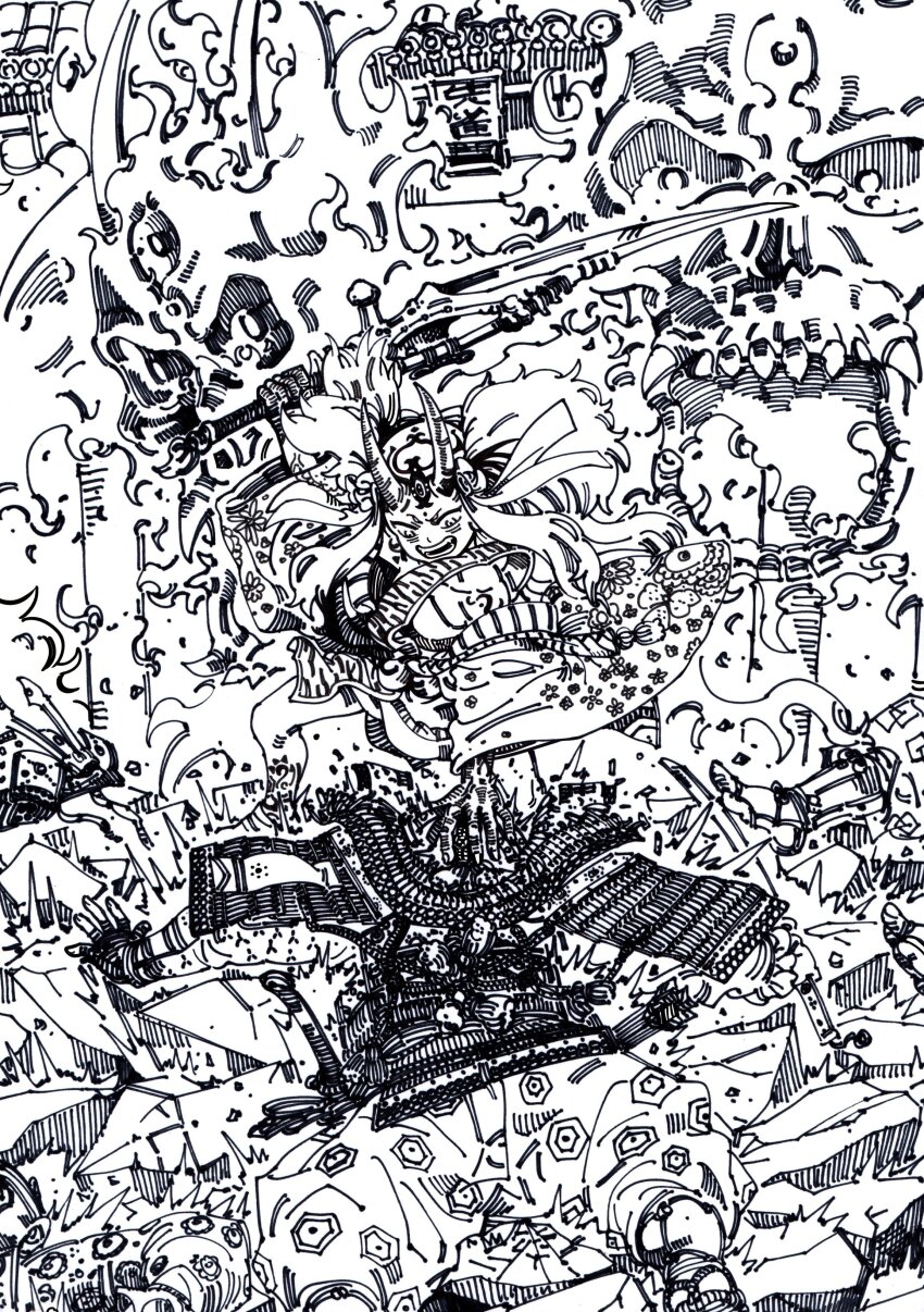 1boy 1girl absurdres arm_up armor battle broken_ground commentary face_down facial_mark fate/grand_order fate_(series) fire flaming_skull floating_hair forehead_mark full_body furisode gate giant_skull greatsword greyscale hair_ribbon hakama hakama_pants hand_fan highres holding holding_sword holding_weapon horns ibaraki_douji_(fate) japanese_armor japanese_clothes katana kimono long_hair monochrome mushroom_(osh320) on_ground oni oni_horns open_mouth out_of_frame pants ribbon samurai short_kimono sidelocks skull slam sword symbol-only_commentary v-shaped_eyebrows weapon