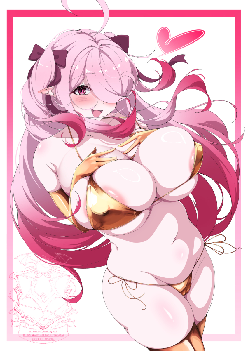 1girl :d ahoge areola_slip asymmetrical_bangs belly bikini border breast_suppress breasts breasts_squeezed_together cameltoe covered_erect_nipples cowboy_shot elbow_gloves fangs gloves gold_bikini gold_gloves gold_thighhighs gradient_hair groin hair_over_one_eye hair_ribbon hands_on_own_chest highres huge_ahoge huge_nipples large_areolae large_breasts long_bangs long_hair looking_at_viewer multicolored_hair namamii navel open_mouth original parted_hair pink_border pink_hair plum pointy_ears red_hair ribbon side-tie_bikini_bottom slit_pupils smile solo swimsuit thighhighs thong_bikini two_side_up very_long_hair watermark