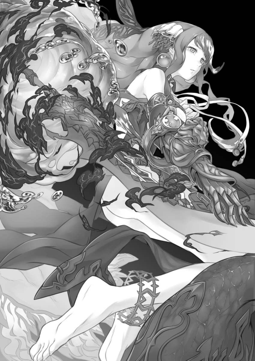 1girl anklet arm_armor armored_gloves ass barefoot bubble choker crying crying_with_eyes_open dress earrings energy fins head_fins highres jewelry kidy_(kidy_siow) looking_to_the_side monochrome ningyo_hime_(sinoalice) sad sidelocks simple_background sinoalice solo sword tears twintails water weapon