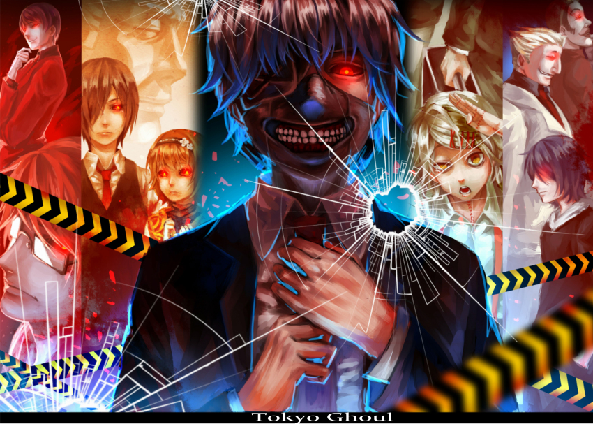 10s 2girls 6+boys absurdres black_hair black_sclera broken_glass brown_hair colored_sclera da_qi_san formal_clothes fueguchi_hinami glass glasses glowing glowing_eyes hair_ornament hair_over_one_eye hairband hairclip highres hood hoodie kaneki_ken kirishima_ayato kirishima_touka looking_at_viewer mask multiple_boys multiple_girls necktie nishio_nishiki omori_yakumo open_mouth purple_hair red_eyes shinohara_yukinori short_hair smile spoilers stitches suit suzuya_juuzou suzuya_juzo tokyo_ghoul tsukiyama_shuu vest white_hair yoshimura_(tokyo_ghoul)