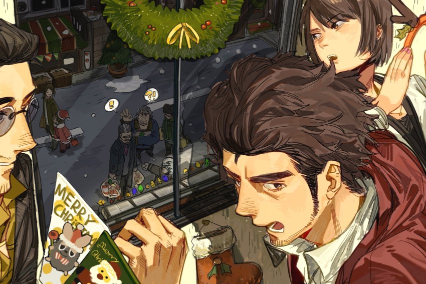 ! !? 2girls 6+boys adachi_koichi afro antlers bag black_jacket black_shirt blue_jacket brown_hair building christmas_lights christmas_stocking christmas_wreath city coat fake_antlers fur_trim green_jacket groceries grocery_bag han_joon-gi hat highres horns jacket jewelry kashiwagi_osamu kasuga_ichiban mature_male mother_and_son mukoda_saeko multiple_boys multiple_girls nail_polish nanba_yu necklace ok_sign parent_and_child pink_nails red_jacket reindeer_antlers ricbbition round_eyewear ryuu_ga_gotoku_(series) ryuu_ga_gotoku_7 santa_hat shirt shopping_bag sideburns smile snow snowing sunglasses toy_block white_hair white_jacket white_shirt window winter winter_clothes winter_coat wreath yakuza yellow_shirt zhao_tianyou