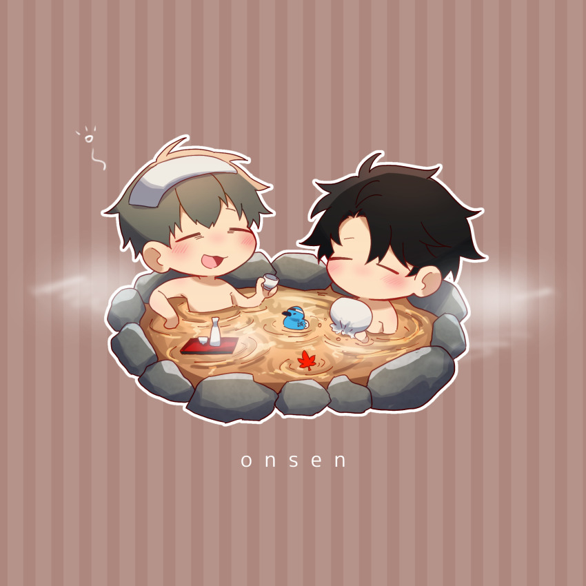 2boys alcohol black_hair bottle chibi chibi_only cup drunk fate/grand_order fate_(series) grey_hair hagiography highres hijikata_toshizou_(fate) male_focus multiple_boys onsen saitou_hajime_(fate) sakazuki sake sake_bottle same-sex_bathing shared_bathing steam striped_background towel towel_on_head
