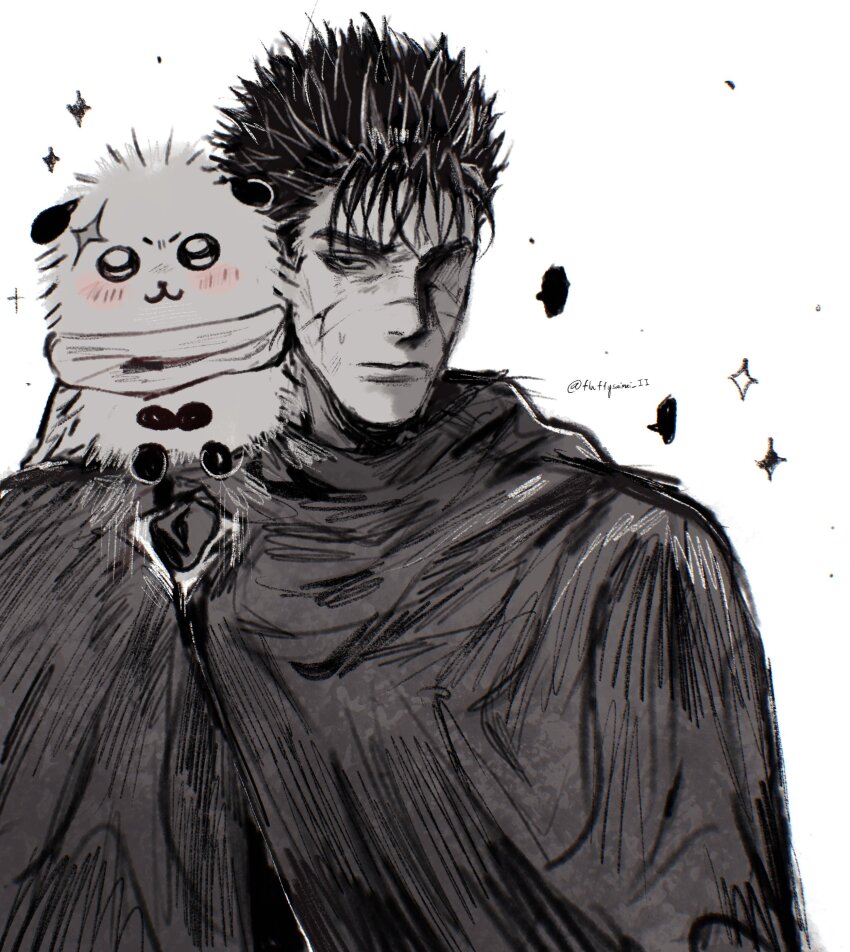 1boy :3 absurdres berserk blush cape chiikawa closed_mouth commentary creature creature_on_shoulder crossover english_commentary fluffy fluffysaimai_ii guts_(berserk) highres male_focus on_shoulder otter rakko_(chiikawa) scar scar_on_face scarf short_hair sparkle spiked_hair standing twitter_username white_background