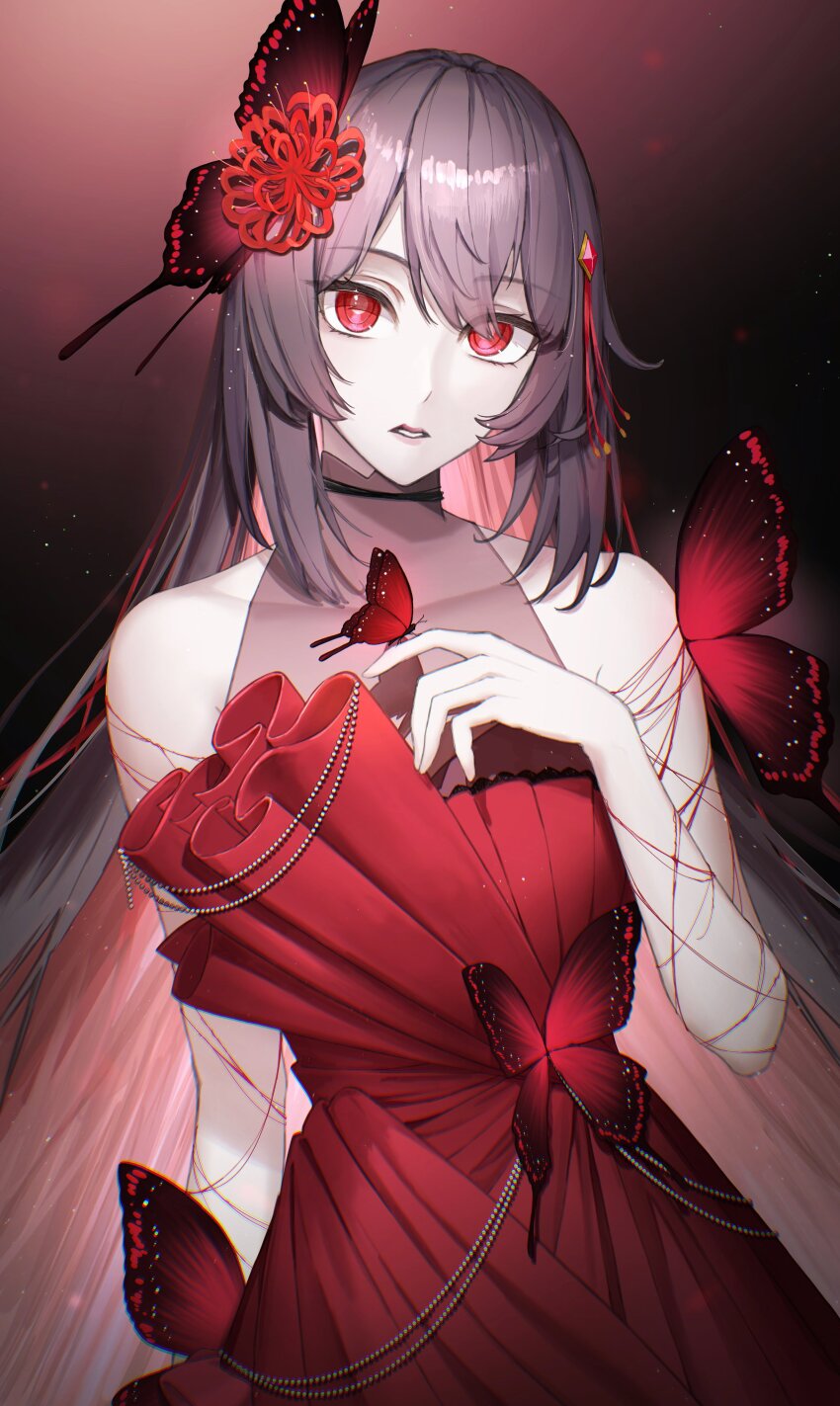 1girl absurdres bare_shoulders black_hair bug butterfly butterfly_hair_ornament commentary dress hair_ornament hand_on_own_chest highres honkai_(series) honkai_impact_3rd insect kotobuki_aoi long_hair multicolored_hair parted_lips red_butterfly red_dress red_eyes red_hair seele_(alter_ego) seele_vollerei sleeveless sleeveless_dress solo two-tone_hair very_long_hair