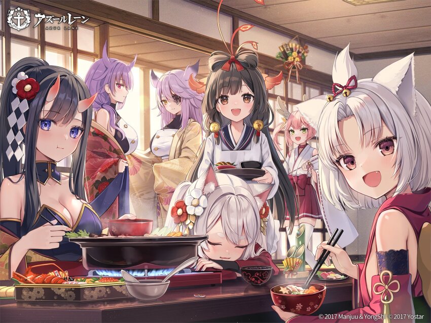 6+girls :d animal_ear_fluff animal_ears artist_request azur_lane bangs_pinned_back bare_shoulders black_hair bow-shaped_hair bowl breasts brown_eyes cat_ears cat_girl chopsticks cleavage closed_eyes closed_mouth detached_sleeves dress eating fang flat_chest food green_eyes highres hiyou_(azur_lane) holding holding_bowl holding_chopsticks horns indoors japanese_clothes junyou_(azur_lane) kimono large_breasts long_hair long_sleeves multiple_girls official_art open_mouth parted_lips pink_hair purple_eyes purple_hair red_eyes red_horns red_skirt ryuuhou_(azur_lane) ryuujou_(azur_lane) second-party_source short_hair shouhou_(azur_lane) skirt sleeping smile stove strapless strapless_dress thighhighs white_hair white_kimono white_thighhighs yuudachi_(azur_lane) zuihou_(azur_lane)