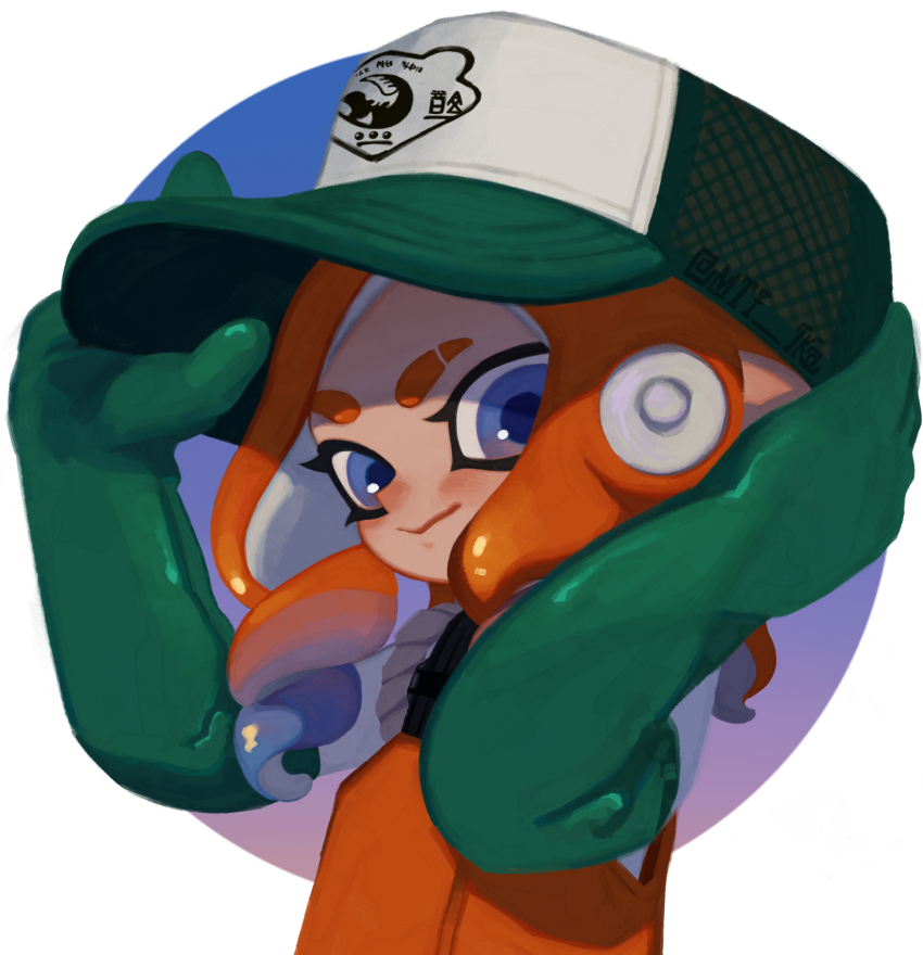 1girl absurdres adjusting_clothes adjusting_headwear arms_up baseball_cap blue_eyes blue_hair closed_mouth commentary_request drill_hair elbow_gloves eyebrow_cut gloves gradient_hair green_gloves green_hat hat highres ka1_(k4k37) long_hair multicolored_hair nintendo octoling octoling_girl octoling_player_character orange_hair orange_overalls overalls rubber_gloves salmon_run_(splatoon) shirt smile solo splatoon_(series) splatoon_3 suction_cups tentacle_hair thick_eyebrows two-tone_hair upper_body white_shirt
