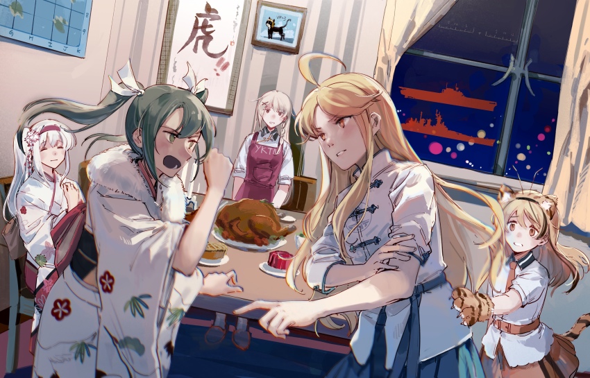 5girls absurdres ahoge alternate_costume alternate_hairstyle animal_ears animal_hands apron blonde_hair closed_eyes commentary english_commentary fake_animal_ears fake_tail floral_print food gloves green_eyes green_hair hair_ribbon highres indoors japanese_clothes kantai_collection kimono long_hair map multiple_girls obi orange_eyes original paw_gloves personification print_kimono red_apron ribbon sash shoukaku_(kancolle) side_ponytail sidelocks tail tiger_ears tiger_tail turkey_(bird) turkey_(food) twintails uss_enterprise_(cv-6) uss_hornet_(cv-8) uss_yorktown_(cv-5) white_hair white_kimono white_ribbon wide_sleeves yorktown_cv-5 zuikaku_(kancolle) zuikaku_(new_year)_(kancolle)