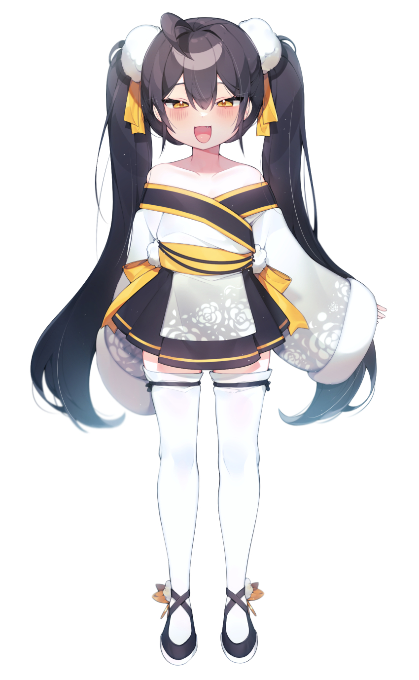 1girl :d ahoge arm_at_side bare_shoulders black_hair black_shoes black_skirt blush collarbone commission fang full_body fur-trimmed_sleeves fur_trim gradient_clothes gradient_kimono hair_between_eyes hair_ornament hair_ribbon half-closed_eyes highres japanese_clothes kimono leg_ribbon long_hair long_sleeves looking_at_viewer miniskirt off_shoulder open_mouth original pleated_skirt pom_pom_(clothes) print_sleeves ribbon sash sen_light shoes short_kimono simple_background skirt sleeves_past_wrists smile solo standing straight-on thigh_ribbon thighhighs twintails very_long_hair white_background white_sleeves white_thighhighs wide_sleeves yellow_eyes yellow_ribbon yellow_sash zettai_ryouiki
