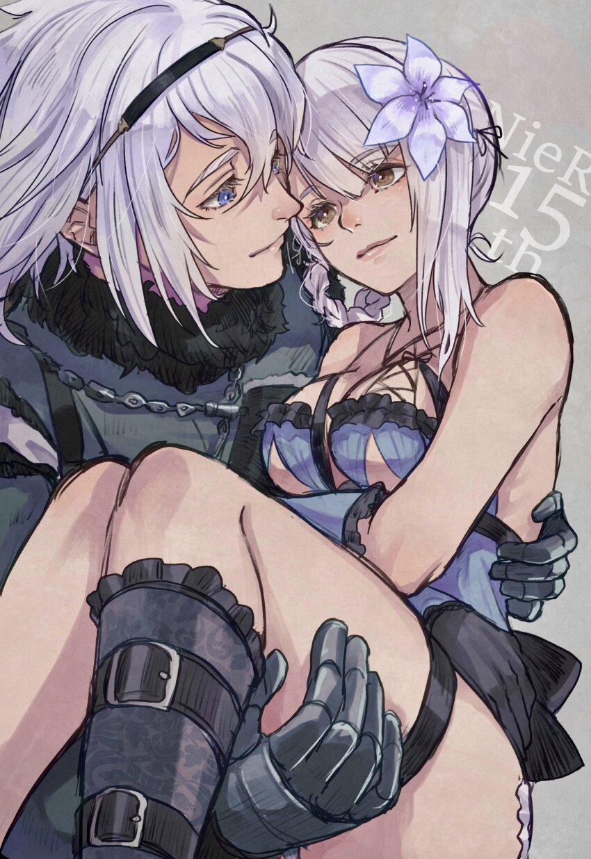 1boy 1girl anniversary asymmetrical_bangs black_gloves black_jacket blue_eyes braid braided_hair_rings breasts carrying carrying_person closed_mouth eyelashes flower gloves hair_flower hair_ornament hair_rings highres jacket kaine_(nier) large_breasts lingerie long_hair looking_at_another loose_hair_strand negligee nier nier_(brother) nier_(series) no_bandages parted_bangs payu_(pyms11) pink_lips smile underwear white_flower white_hair yellow_eyes