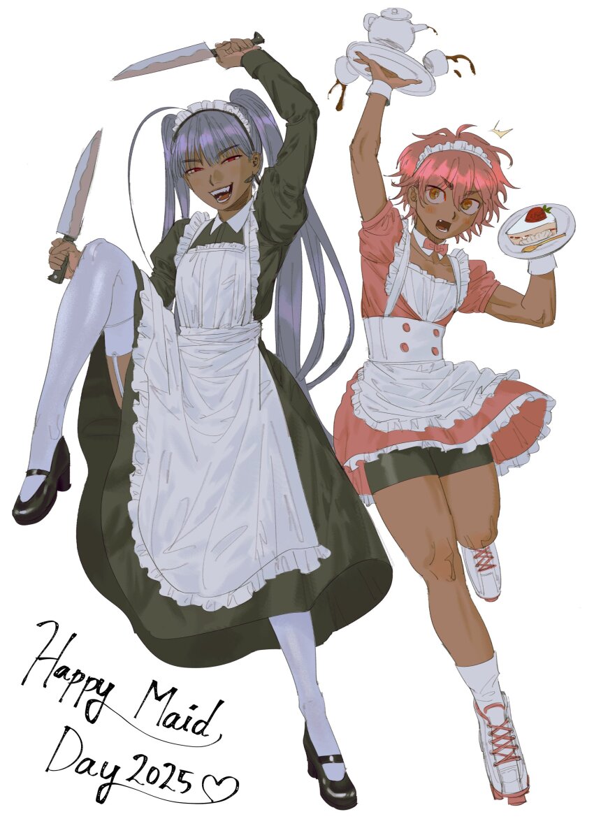 2girls absurdres ahoge apron bike_shorts black_dress black_shoes bow bowtie brown_eyes cake cup dark-skinned_female dark_skin detached_collar dress english_text fang food garter_straps highres holding holding_knife holding_plate huge_ahoge juliet_sleeves knife long_hair long_sleeves maid maid_apron maid_day maid_headdress multiple_girls open_mouth original pink_bow pink_bowtie pink_dress pink_hair plate puffy_short_sleeves puffy_sleeves purple_hair red_eyes roller_skates shoes short_hair short_sleeves skates smile spilling strawberry_shortcake strawberryjamm teacup teapot thighhighs twintails white_apron white_background white_thighhighs wrist_cuffs