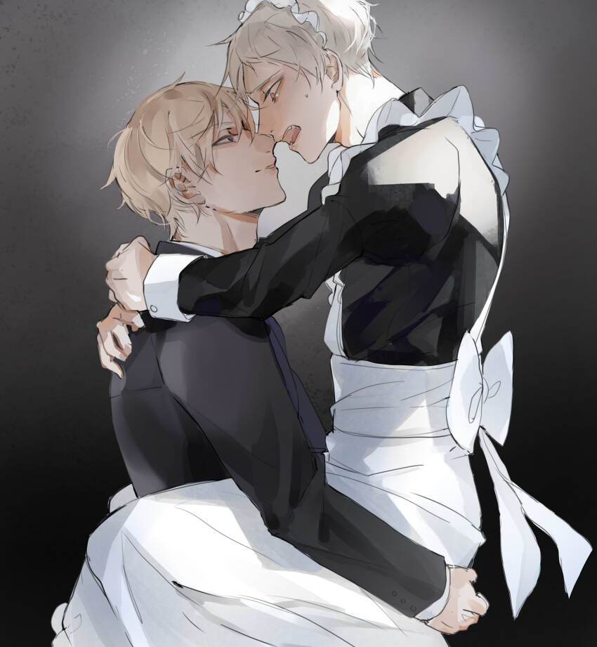 2boys absurdres alternate_costume apron axis_powers_hetalia back_bow black_background black_dress black_jacket blonde_hair blush bow carrying carrying_person commentary_request crossdressing dress enmaided fang frills gradient_background grey_background grey_hair hair_between_eyes highres jacket juliet_sleeves kamui_(kurohshiro1) long_sleeves looking_at_another maid maid_headdress male_focus multiple_boys open_mouth pink_eyes prussia_(hetalia) puffy_sleeves purple_eyes russia_(hetalia) short_hair smile suit_jacket sweatdrop teeth white_apron white_bow yaoi