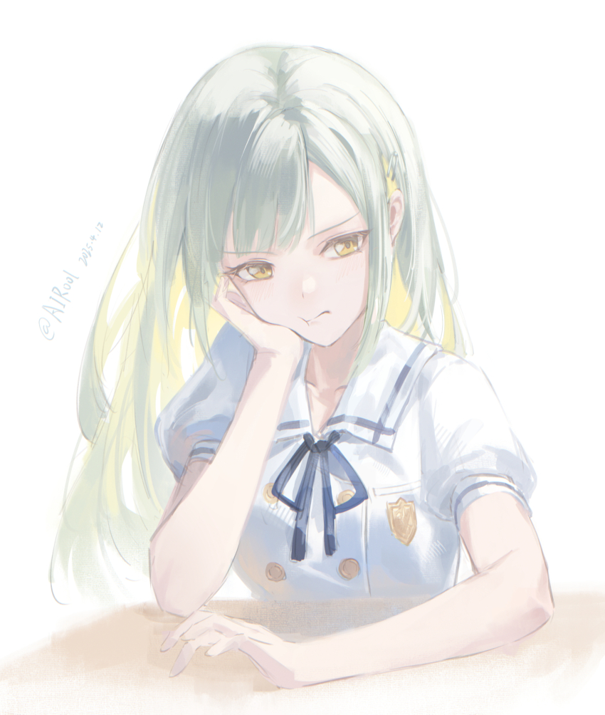 1girl :t airool bang_dream! bang_dream!_it&#039;s_mygo!!!!! blonde_hair blue_ribbon blush closed_mouth collarbone collared_dress commentary dated dress english_commentary grey_hair highres long_hair mortis_(bang_dream!) mortis_(persona)_(bang_dream!) multicolored_hair neck_ribbon puffy_short_sleeves puffy_sleeves ribbon school_uniform short_sleeves simple_background solo twitter_username two-tone_hair upper_body wakaba_mutsumi white_background white_dress yellow_eyes