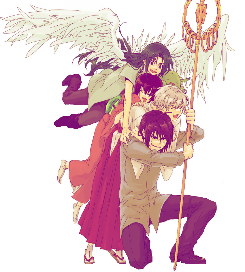 2girls 3boys arms_around_neck black_hair brown_hair carrying closed_eyes creature feathered_wings hakama haruka_(tactics) heavy highres hug hug_from_behind human_tower ichinomiya_kantarou japanese_clothes kimono laughing long_hair lying_on_another multiple_boys multiple_girls muu-chan no_shoes on_one_knee pink_kimono red_hakama sandals shakujou short_hair smile stacking staff sugino_(tactics) sweat tabi tactics tengu tiptoes white_hair white_wings wings youko_(tactics) yuki_(hello_idiot)