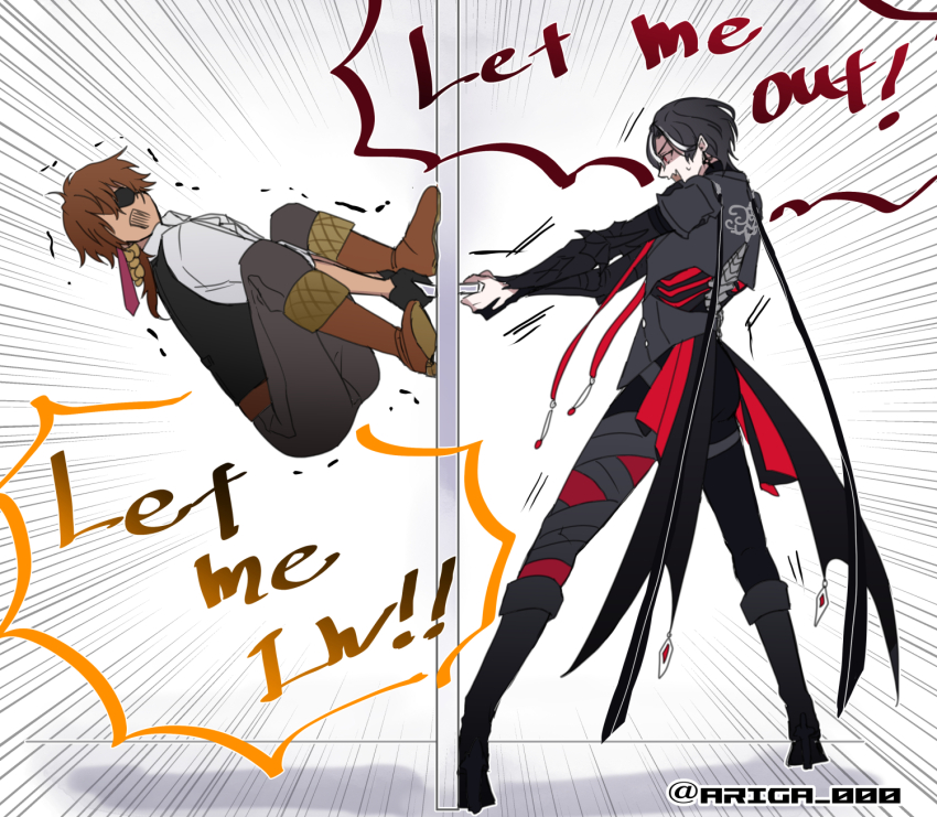 2boys ariga_000 black_boots black_gloves black_hair black_jacket black_pants black_shirt black_vest boots brown_boots brown_hair commentary curtained_hair door_handle earrings emphasis_lines english_commentary english_text eyepatch failure first_stage_production from_side full_body gale_galleon gloves grey_pants hair_between_eyes highres jacket jewelry knee_boots legs_apart long_sleeves low_ponytail lucien_lunaris male_focus motion_lines multicolored_hair multiple_boys open_mouth opening_door pants ponytail profile red_eyes screaming shaking shirt short_hair simple_background streaked_hair sweatdrop thigh_strap twitter_username vambraces vest virtual_youtuber white_background white_hair white_shirt